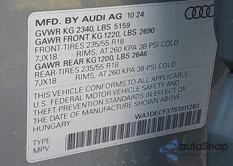 2025 Audi Q3 Premium 45 Tfsi S Line Quattro Tiptronic from USA, damaged, VIN WA1DECF37S1011283